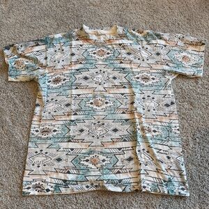 Vintage Southwestern Aztec Pattern Tee Cream Teal Shirt Large Single Stitch